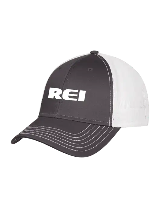 Dark Grey/White Mesh Trucker Cap Snap Back w/REI Logo