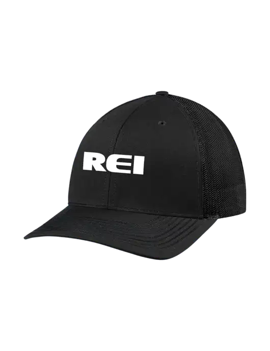 Richardson Adjustable Snapback Original 112 Trucker Cap Black w/Black Mesh w/REI Logo