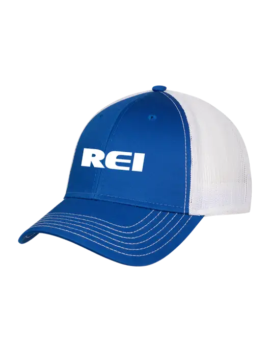 Royal & White Mesh Trucker Cap Snap Back w/REI Logo