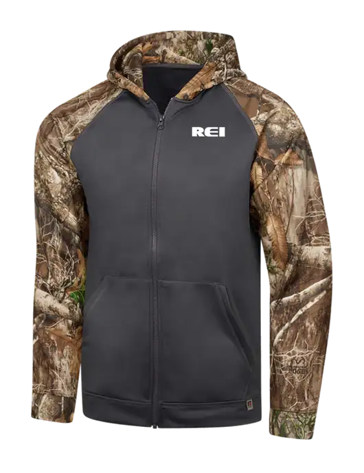 Russell Outdoors Dark Grey/Realtree Edge Camo Colorbock Performance Full Zip Hoodie w/REI Logo