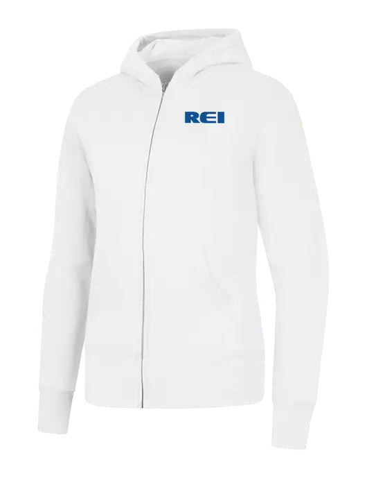 White Womens Core Fleece Full-Zip Hooded Sweatshirt w/REI Logo