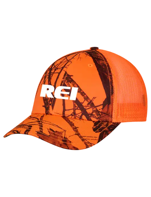 Blaze/Neon Orange Mossy Oak Camo Mesh Trucker Cap Snap Back w/REI Logo