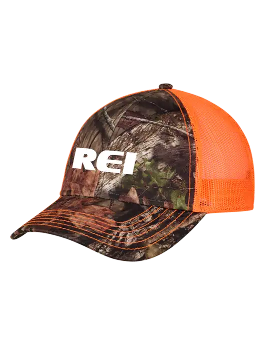 Country Orange Mossy Oak Camo Mesh Trucker Cap Snap Back w/REI Logo