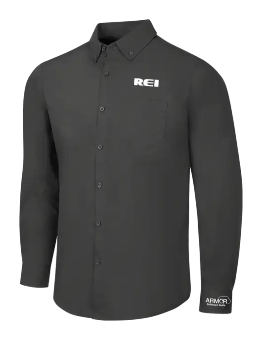 Dark Grey Long Sleeve Carefree Poplin Shirt w/REI Logo, Armor Logo