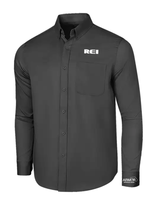 Long Sleeve Dark Grey Superpro React Twill Shirt w/REI Logo, Armor Logo