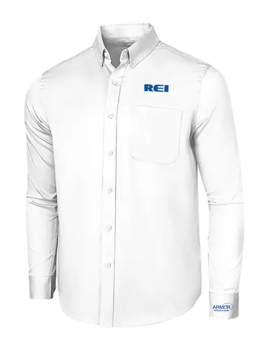 Long Sleeve White Superpro React Twill Shirt w/REI Logo, Armor Logo