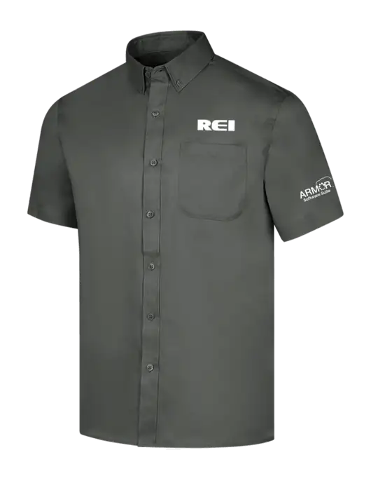 Short Sleeve Dark Grey Superpro React Twill Shirt w/REI Logo, Armor Logo
