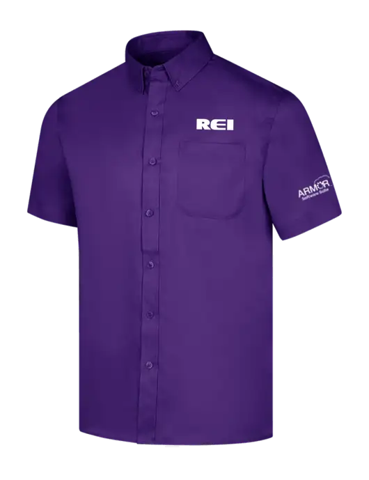 Short Sleeve Purple Superpro React Twill Shirt w/REI Logo, Armor Logo
