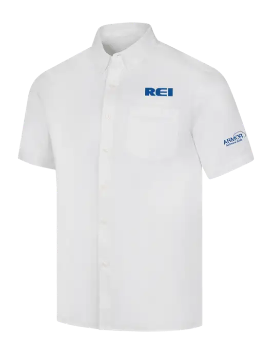 Short Sleeve White Superpro React Twill Shirt w/REI Logo, Armor Logo