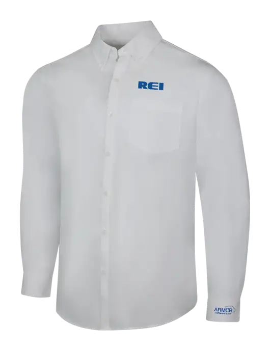White Long Sleeve Carefree Poplin Shirt w/REI Logo, Armor Logo