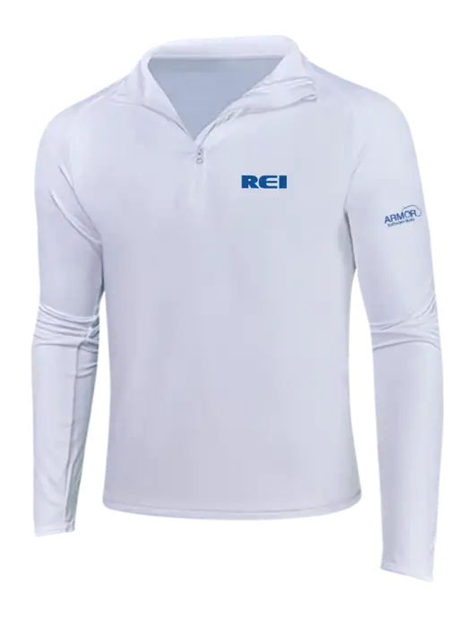White Sport Wick Stretch 1/4 Zip Pullover w/REI Logo, Armor Logo