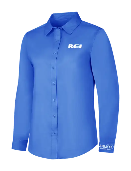 Dark Carolina Blue Womens Long Sleeve Superpro React Twill Shirt w/REI Logo, Armor Logo