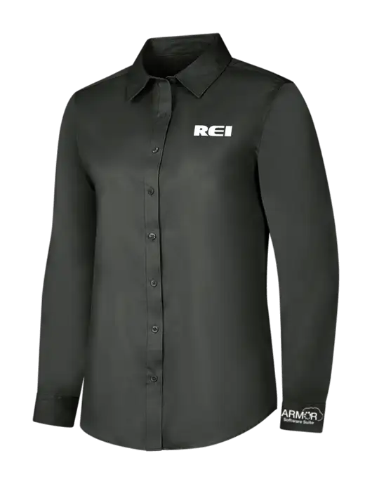 Dark Grey Womens Long Sleeve Superpro React Twill Shirt w/REI Logo, Armor Logo