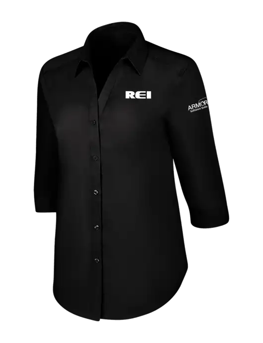 Womens Black 3/4 Sleeve Carefree Poplin Shirt w/REI Logo, Armor Logo