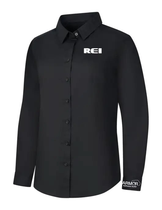 Womens Black Long Sleeve Carefree Poplin Shirt w/REI Logo, Armor Logo