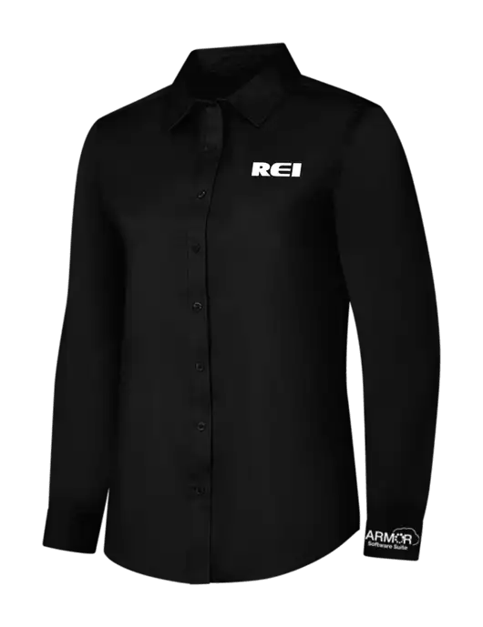 Womens Black Long Sleeve Superpro React Twill Shirt w/REI Logo, Armor Logo