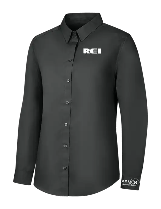 Womens Dark Grey Long Sleeve Carefree Poplin Shirt w/REI Logo, Armor Logo