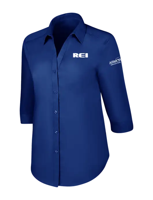 Womens Royal 3/4 Sleeve Carefree Poplin Shirt w/REI Logo, Armor Logo
