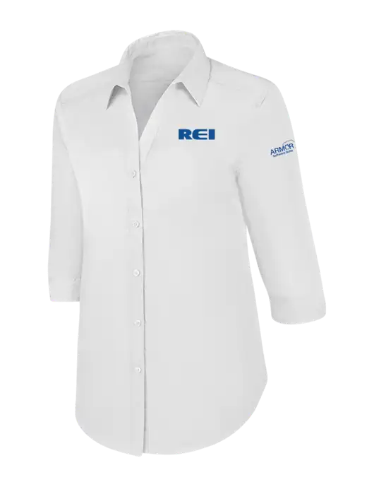 Womens White 3/4 Sleeve Carefree Poplin Shirt w/REI Logo, Armor Logo