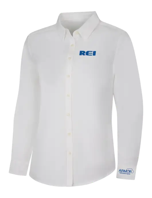 Womens White Long Sleeve Superpro React Twill Shirt w/REI Logo, Armor Logo