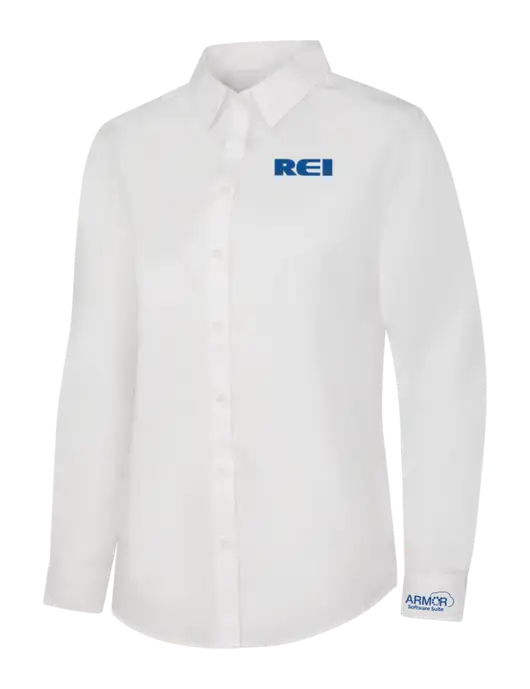 Womens White Long Sleeve Carefree Poplin Shirt w/REI Logo, Armor Logo