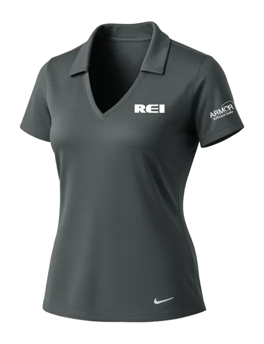 NIKE Dark Grey Womens Dri-Fit Vertical Mesh Polo w/REI Logo, Armor Logo