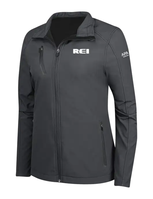Dark Grey Womens Welded Softshell Jacket w/REI Logo, Armor Logo